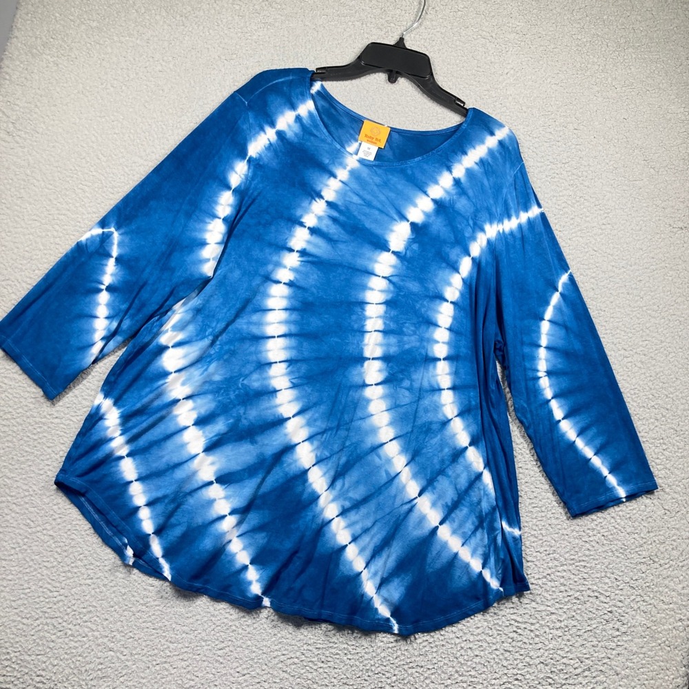 Ruby Rd Tunic Top Women 1X Blue Tie Dye 3/4 Sleeve Scoop Neck Rayon Blend Boho